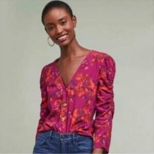 Anthropologie Maeve V-Neck Puff-Sleeve Women’s Floral Top in Magenta XS